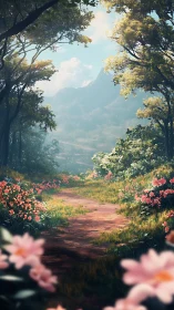Atmospheric forest corridor with foreground flowering path and mountains