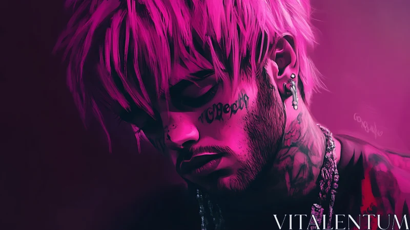 Moody pink portrait of tattooed man in digital painting.