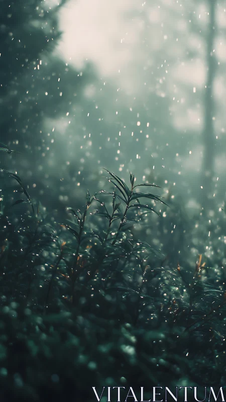 Plant foliage during rain with shallow depth of field and diffused light
