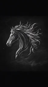 Monochrome stylized horse head on dark abstract background.