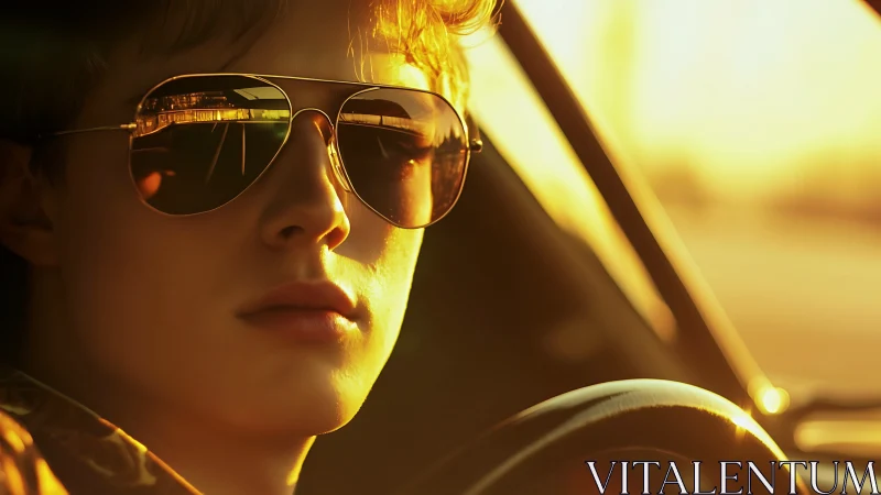 Sunlit driver catching golden hour reflections on glass.