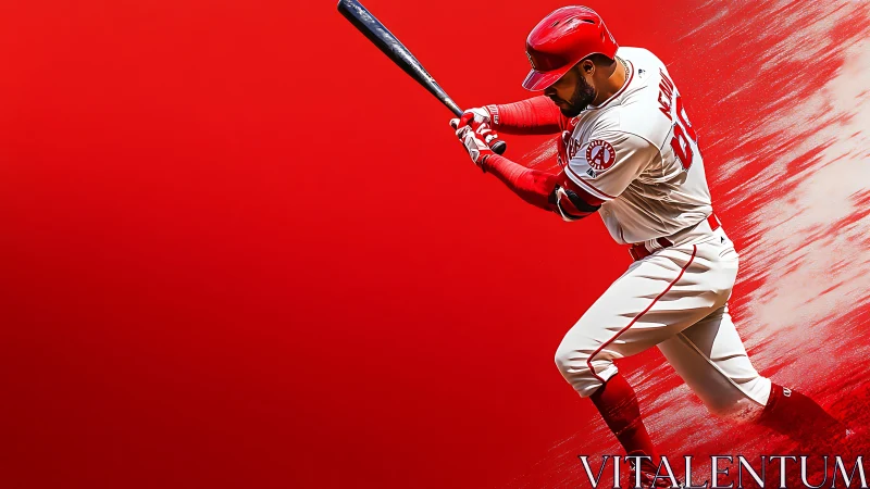 Powerful baseball swing captured against vivid red motion