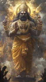 Colossal golden deity figure stands before dense temple city