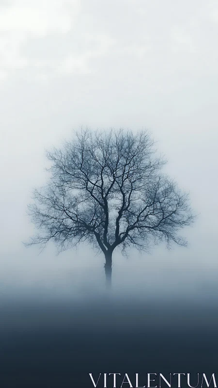 Solitary winter tree emerging through dense morning fog.