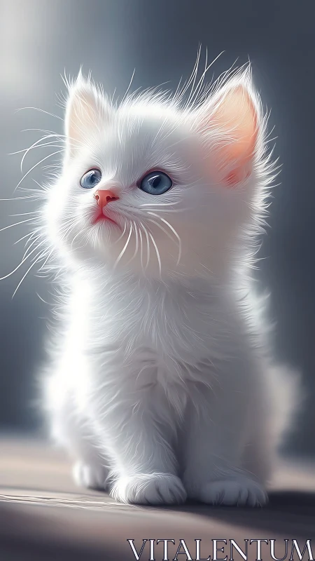 White Fluffy Kitten Portrait: Luminous Digital Illustration.