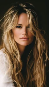 Close portrait of woman with long wavy blonde hair.