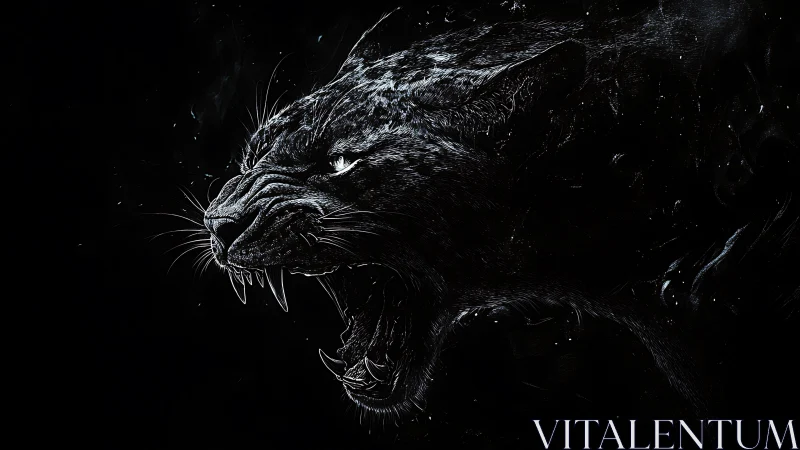 Digital painting of snarling black panther in chiaroscuro profile.