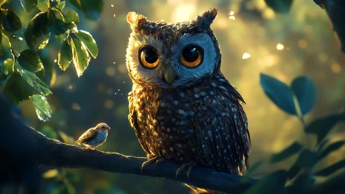 Whimsical Owl and Small Bird on Branch in Magical Forest Light.