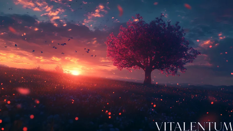 Solitary flowering tree in field under vivid sunset sky.