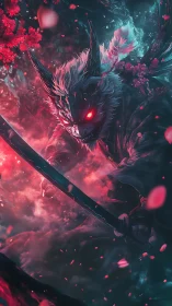 Demonic samurai warrior with katana amid red petals.