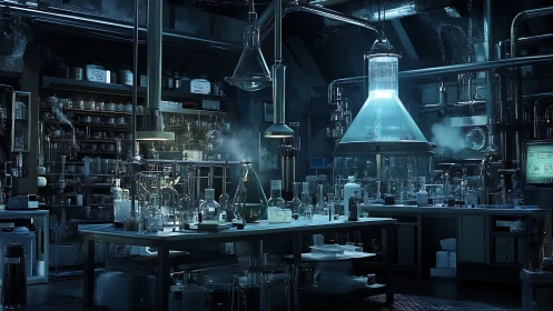 Dim laboratory interior with glassware and industrial piping.