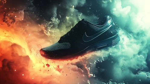 Black athletic sneaker in vivid abstract smoke burst scene.