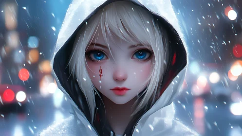 Snowlit hooded heroine with neon eyes in rainy city night.