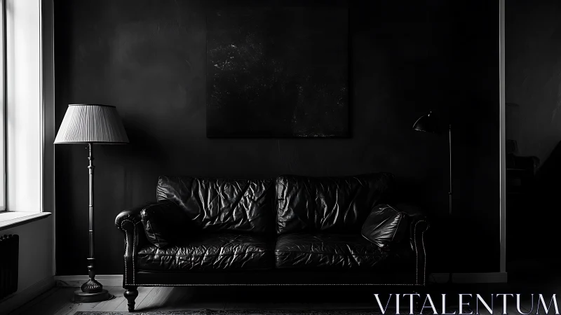 Dark leather sofa anchors monochrome minimalist living room