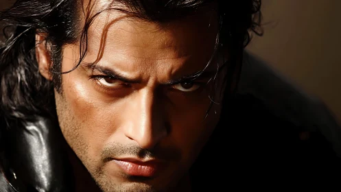 Intense male portrait under hard directional chiaroscuro lighting.