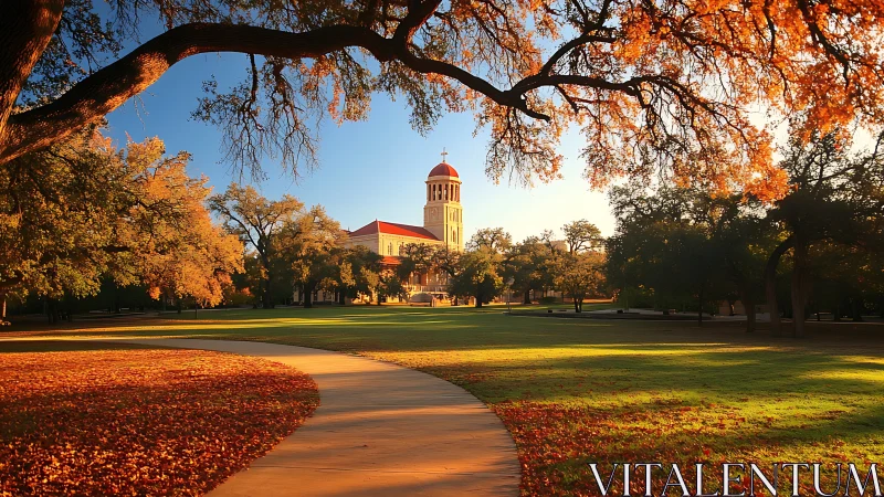 Campus lawn curves toward sunlit bell tower in autumn glow.