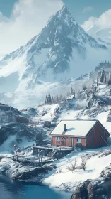 Red mountain cabin in remote snowy winter landscape.