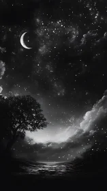 Crescent moon over reflective water under dense starfield at night