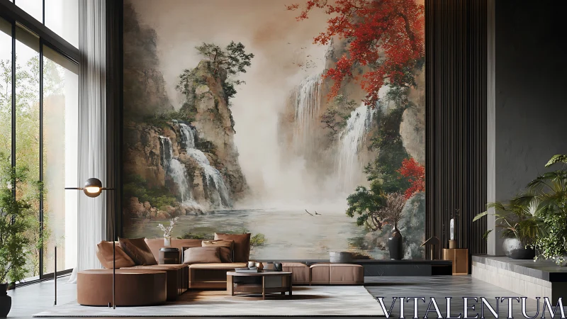 Large interior lounge incorporates mural of waterfall landscape