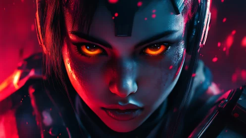 Cybernetic warrior portrait with glowing irises and harsh rim lighting