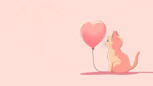 Orange cat holding heart-shaped balloon on pink background.