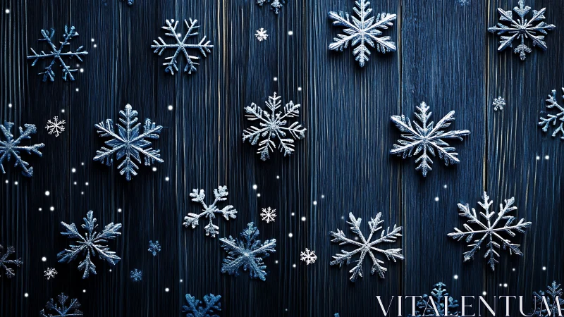 Snowflake ornaments lie on vertically grained dark wood surface