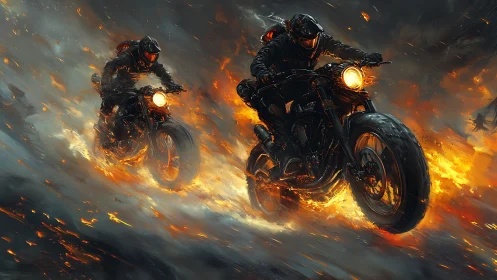 Twin armored riders accelerate through incendiary storm
