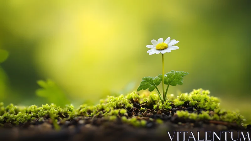 Photorealistic macro daisy emerging from mossy forest floor.
