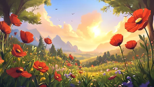 Sunlit mountain meadow is framed by large red poppies