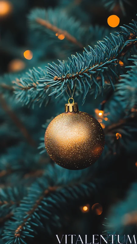 Photorealistic gold bauble on teal fir bough with bokeh accents.