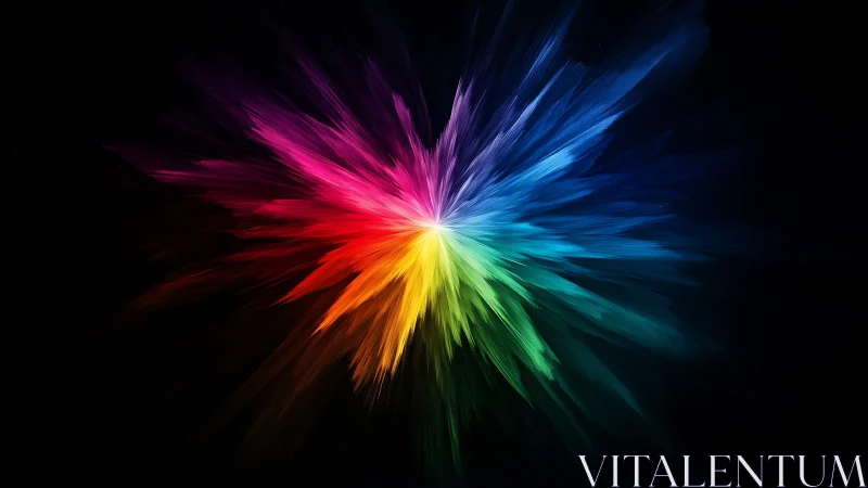 Prismatic color burst erupts from darkness in radial motion.