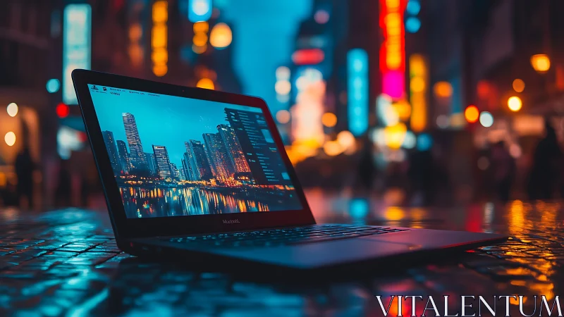 Laptop glows against neon city street, mirroring skyline lights