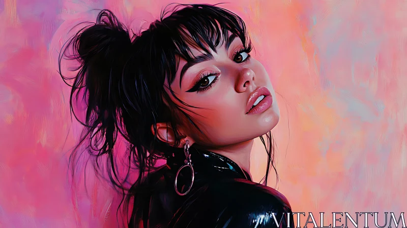 Digital portrait shows woman in black jacket on neon background