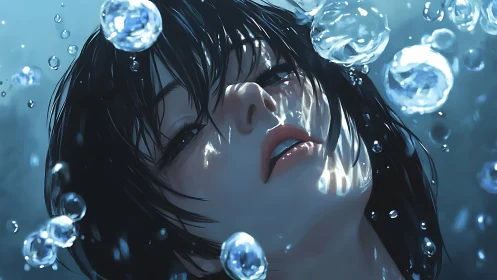 Submerged female portrait with refracted caustic light and bubbles