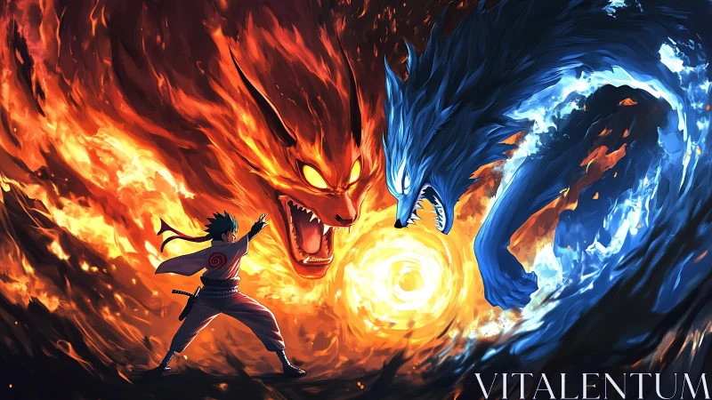 Elemental anime warrior vs twin fire and ice beasts.