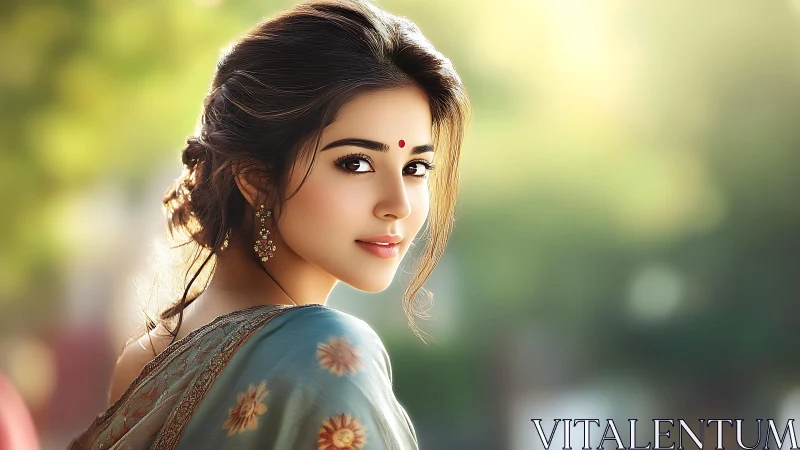 Portrait of woman in sari with bindi and soft background.