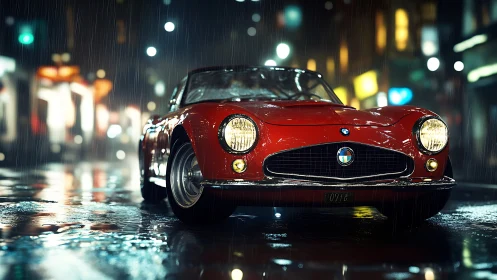 Red vintage sports car on wet city street at night.