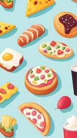 Playful fast food pattern in bright pastel illustration.