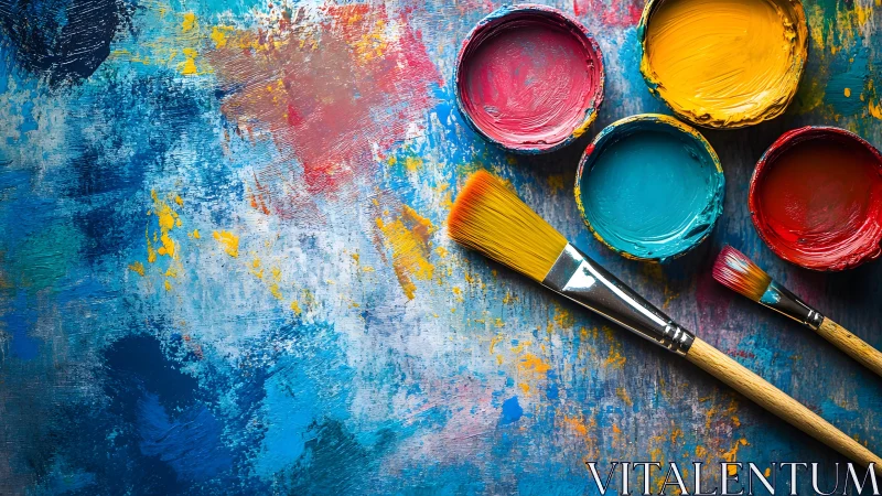 Vibrant Abstract Art Background with Paintbrushes and Colorful Paints.