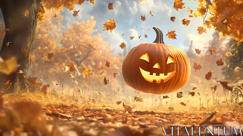 Glowing jack o lantern floats in radiant autumn forest path.