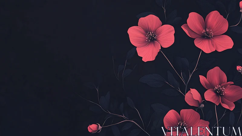 Coral Flowers on Dark Background with Delicate Foliage.