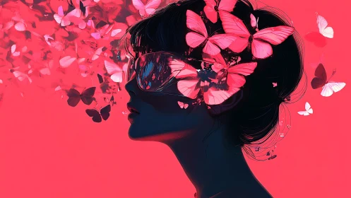 Dreamy silhouette wrapped in fluttering pink butterflies.