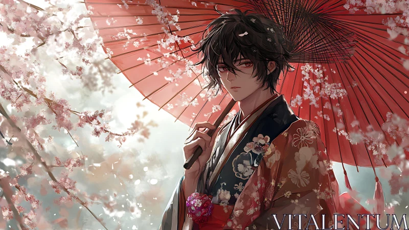 Young man in floral kimono under red umbrella in blossoms.