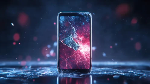 Shattered smartphone floating in wet neon-lit environment
