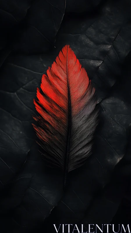Single red-tipped feather on dark leaf background.