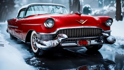 Red vintage Cadillac parked on wet winter street