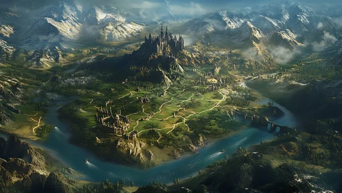 Expansive river valley with central fortress city and mountains.