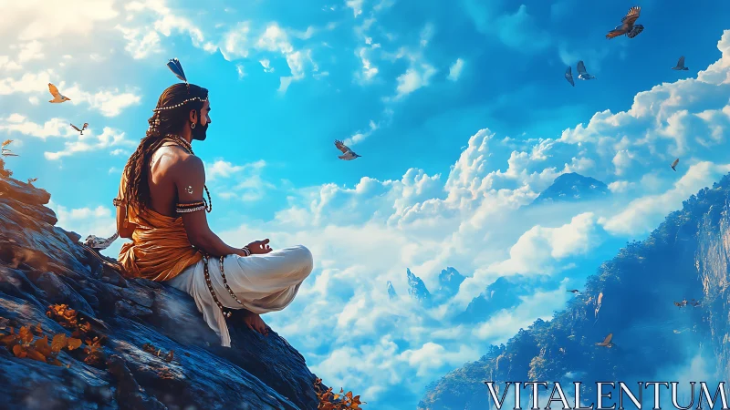 Skyborne sage in golden robes above drifting cloud realms.