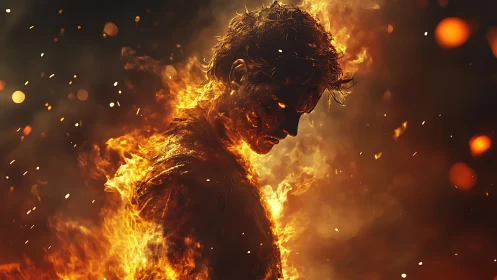 Human figure engulfed in controlled digital flames profile.