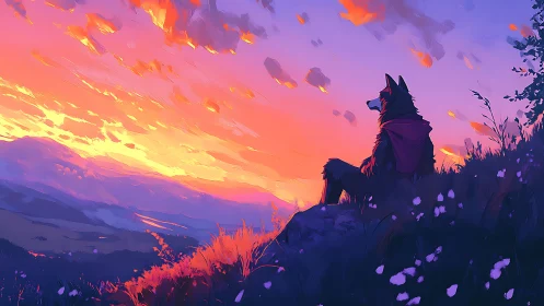Wolf figure watches vivid sunset from quiet hillside.